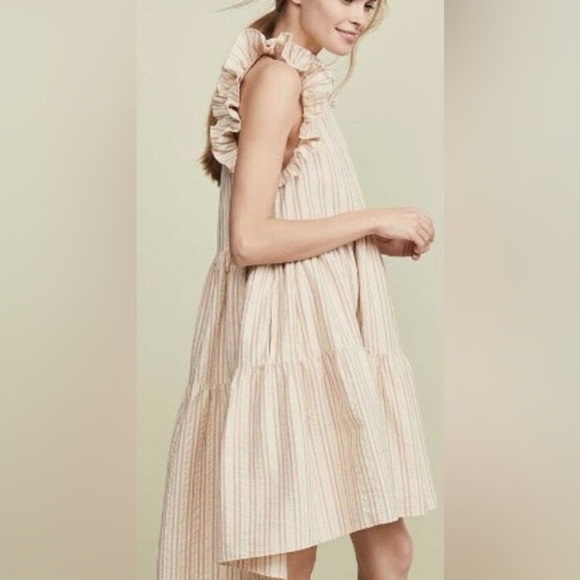 Ulla Johnson Tamsin Striped Cotton Ruffle Flutter Sleeve Dress - Picture 2 of 11